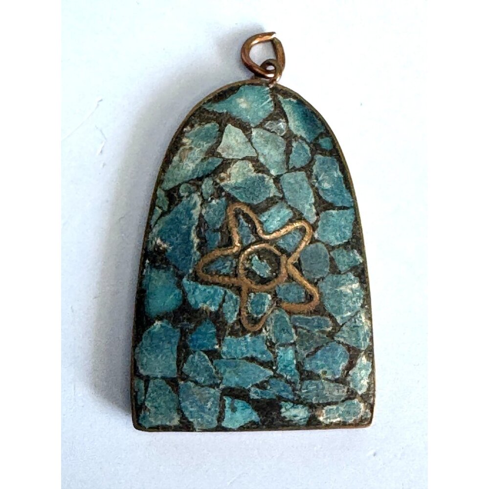 Vintage Turquoise Micro Mosaic Brass Pendant With Star Design 2" Made In India - Picture 4 of 5